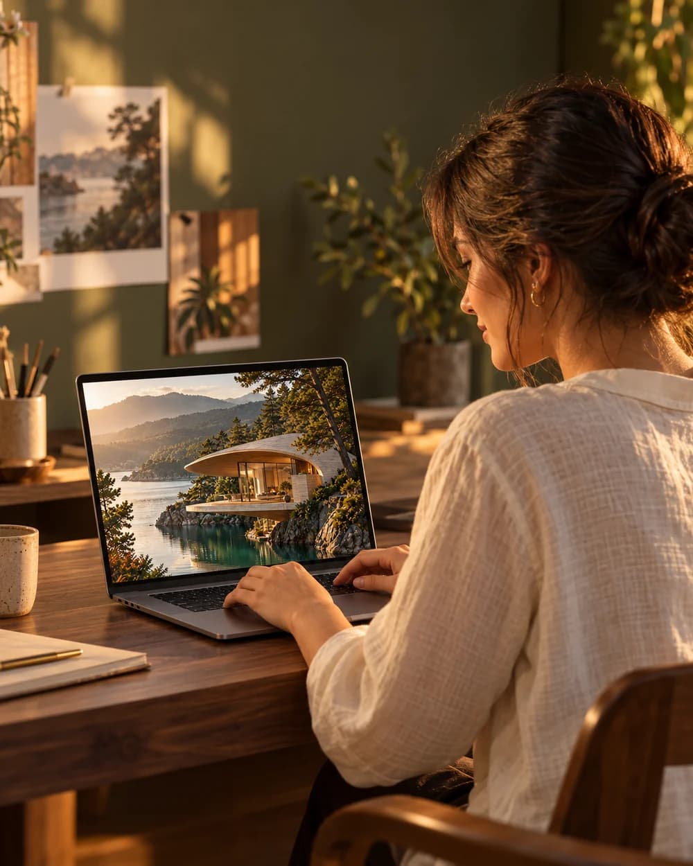 A creator at her laptop working with the same lakeside architectural concept.