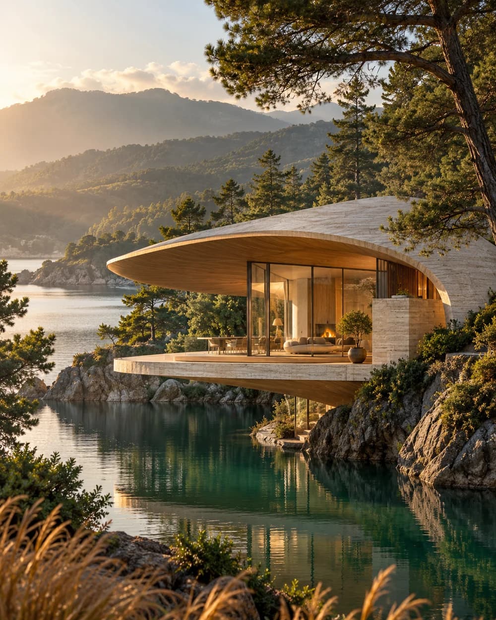 An architectural concept of a curved stone retreat above an emerald lake.